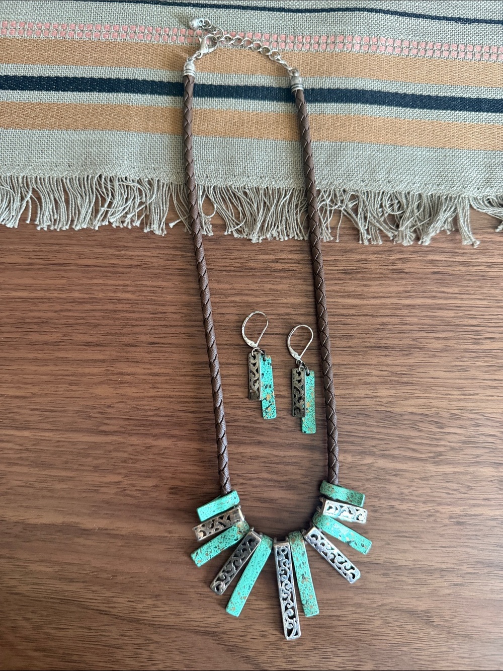 Turquoise and Silver Braided Leather Necklace & Earring Set